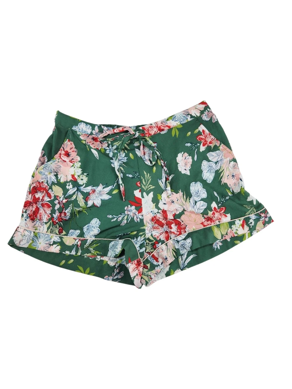 Cynthia Rowley 2-Piece Pajama Set  Med Green Pink Floral Silky Shorts PJs Resort